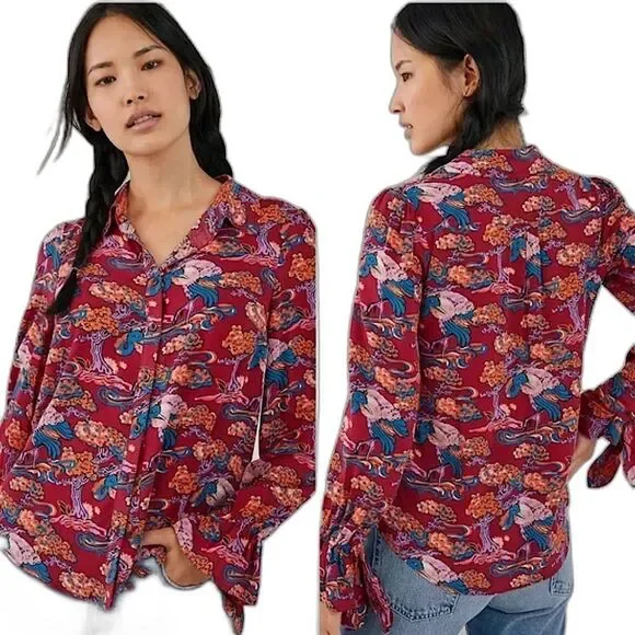 Anthropologie Maeve Darla Buttondown Shirt Vibrant Trees and Birds Size 8 - Picture 2 of 12